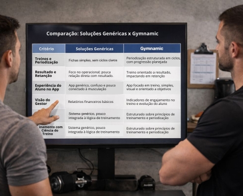 Comparativo: Soluções Genéricas x Gymnamicacademias (Tabela com 5 Critérios)